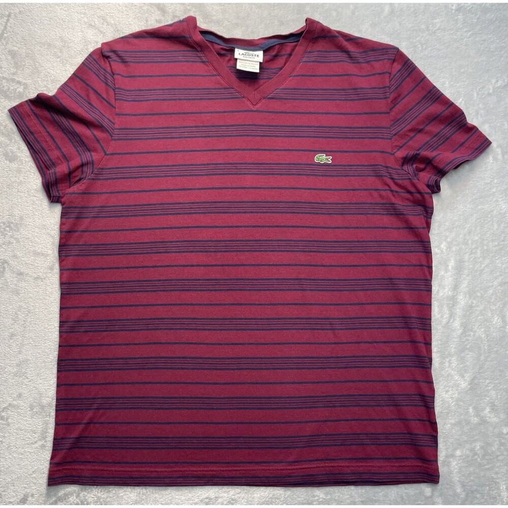 Lacoste Burgundy Navy Striped Cotton V-Neck Regular Fit Short Sleeve T-Shirt 6